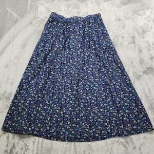 Vintage 80s Lucia Midi Skirt Size 12 Blue Floral Pleated Rayon Cottagecore